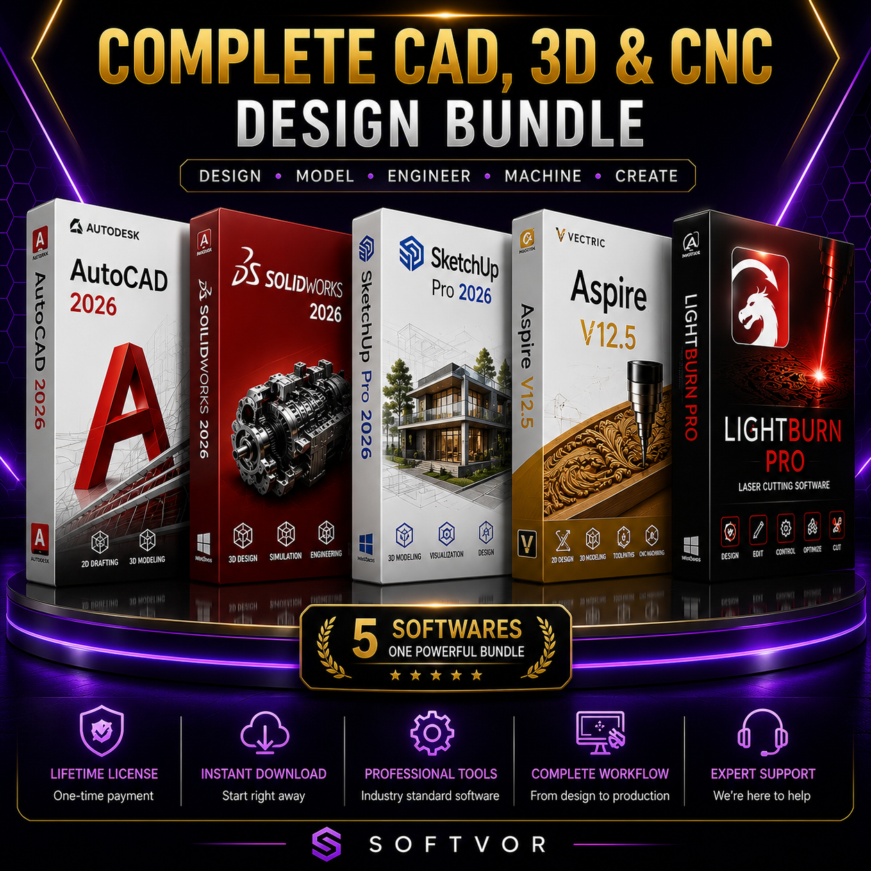 Complete CAD, 3D & CNC Design Bundle | AutoCAD 2026 + SOLIDWORKS 2026 + SketchUp Pro 2026 + Aspire 12.5 + LightBurn Pro | Lifetime License