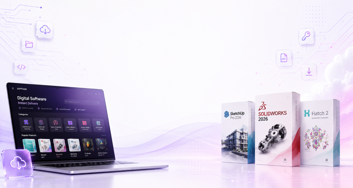 A digital software mockup scene showing an open laptop with a software dashboard on screen, alongside three software boxes labeled BuildShip Pro 2026, SOLIDWORKS 2026, and Hatch 2, on a clean light background with floating app icons.